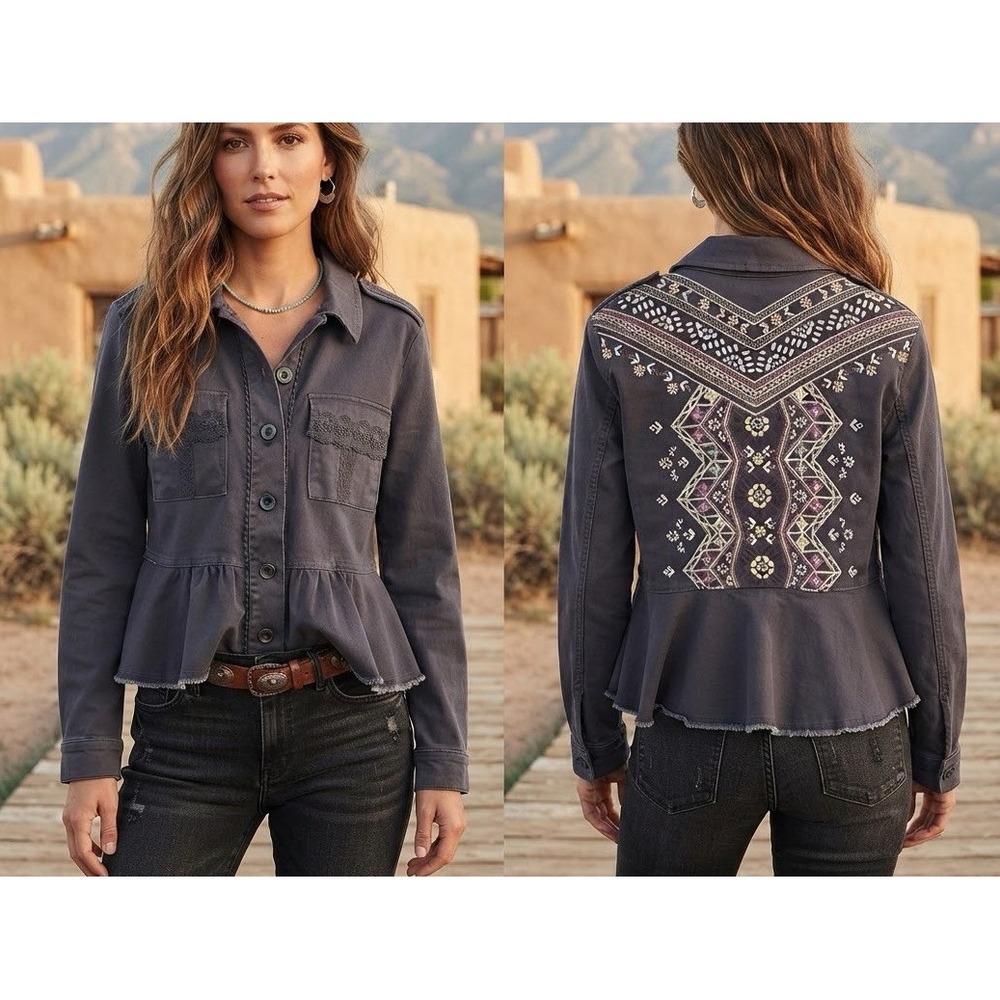 Knox Rose Jacket Womens Embroidered Gray Peplum Sz Small Boho Southwestern